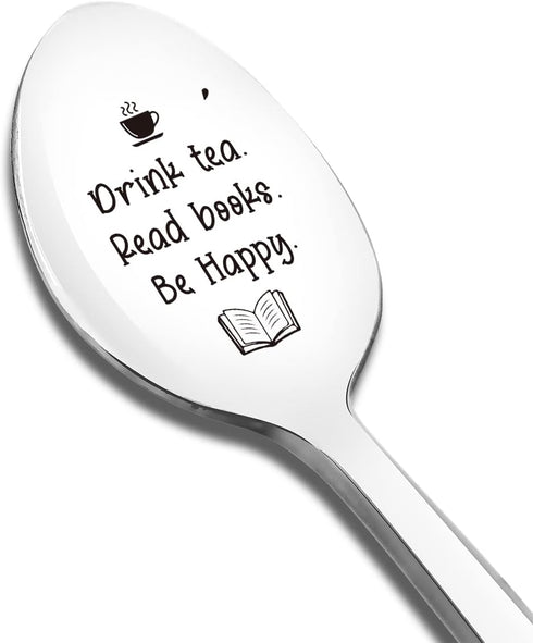 Drink Tea Read Books be Happy Tea Spoon Engraved Funny Gift for Women Men Tea Lover Spoon Best Thanksgiving Christmas Birthday Gifts...