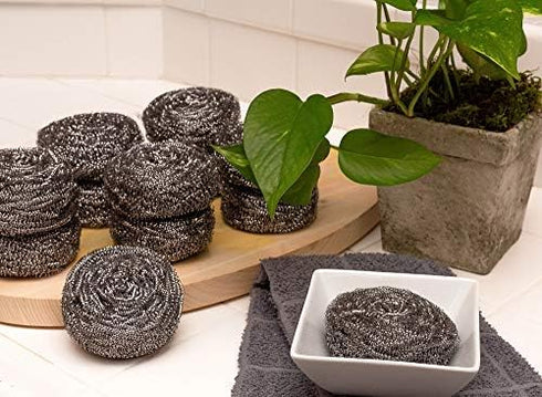 Stainless Steel Sponges Scourer Set with Handle 40 gram - Pack of 12 - Large Stainless Steel Scrubbers - Metal Scouring Pads - Kitchen Cleaning To...