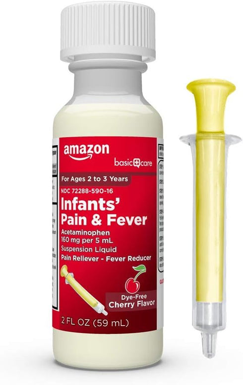 Amazon Basic Care Infants' Pain & Fever, Acetaminophen 160 mg per 5 mL, Suspension Liquid, Dye-Free Cherry Flavor, 2 fl oz (Pack of 1)...