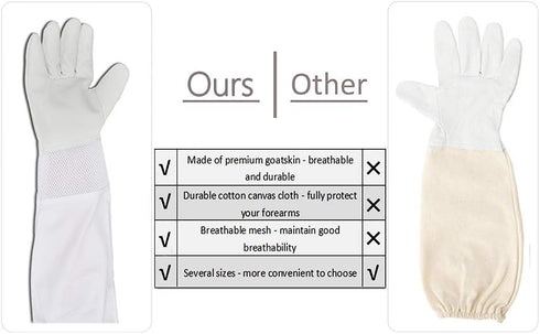 Mr.Bee Beekeeping Supply Goatskin Leather Beekeeper Gloves with Vent Long Canvas Sleeve & Elastic Cuff M...