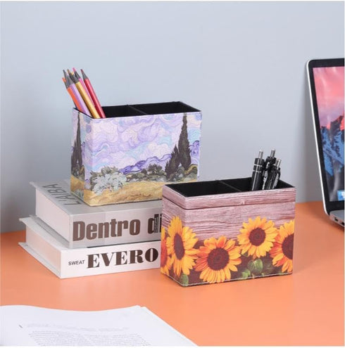 Sunflower Pen Holder Pencil Holder for Desk,2 Compartments PU Leather Desktop Pen Cup Storage Makeup Brush Holder for Office, School, Home, and Wo...