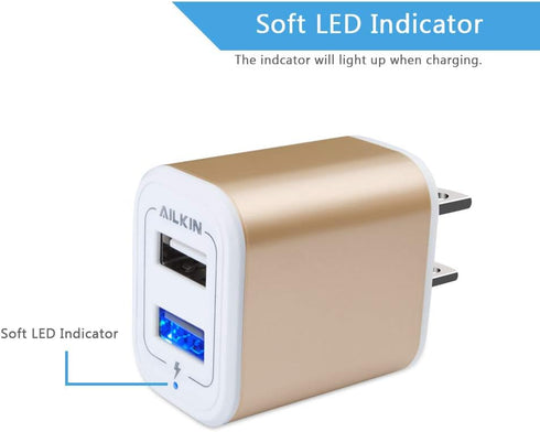 USB Power Adapter, Wall Plug, Ailkin 2-Pack 5V/2.1A Fast Charging Cell Phone Cube Home/Travel Wall Charger Block Box Brick Base for Phone XS/XR/10...