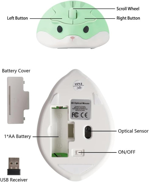 Wireless Mouse Cute Hamster Shape Less Noice Portable Mobile Optical 1200DPI Mice Ergonomic Design Cordless Mouse with USB Receiver for PC/Laptop/...