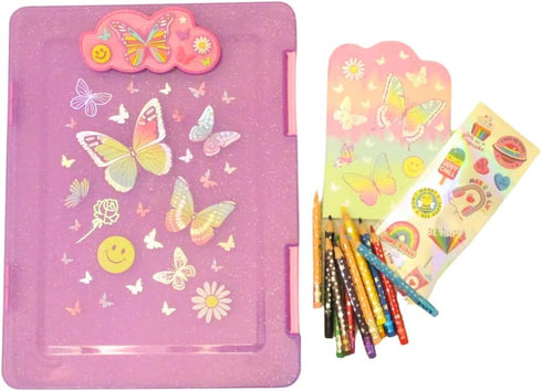 Kids Clipboard Storage Case – Cute Butterfly Design Pink Clip Board – Girls Set with 12 Erasable Colored Pencils, Pad and Stickers – Fits 8.5x11 S...