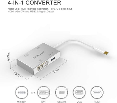 USB C to HDMI DVI VGA USB 3.0 Adapter,USB 3.1 Type-C 4in1 Hub to HDMI DVI 4K VGA USB Adaptor Converter (Thunderbolt 3 Compatible), USB-C Adapter f...