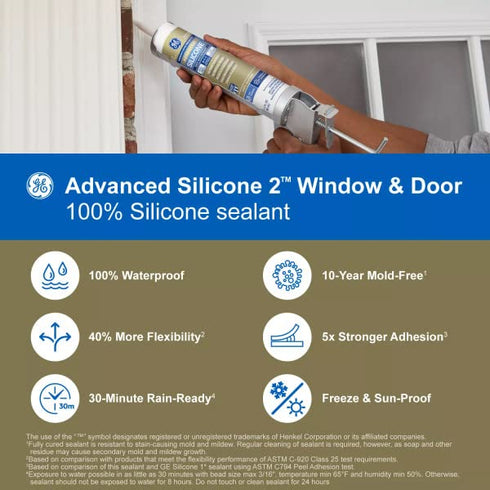 GE Advanced Silicone Caulk for Window & Door - 100% Waterproof Silicone Sealant, 5X Stronger Adhesion, Shrink & Crack Proof - 10 oz Cartridge, Whi...