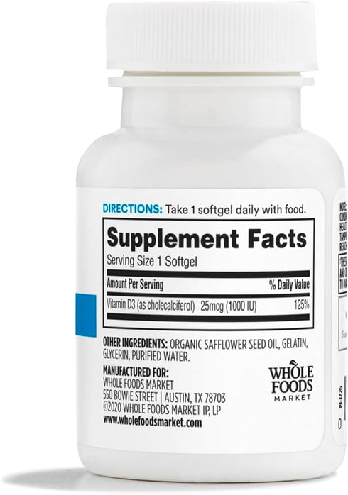 365 by Whole Foods Market, Vitamin D3 1000 IU, 100 Softgels...