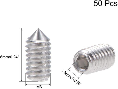 uxcell 50Pcs M3x6mm Internal Hex Socket Set Grub Screws Cone Point 304 Stainless Steel Screw...