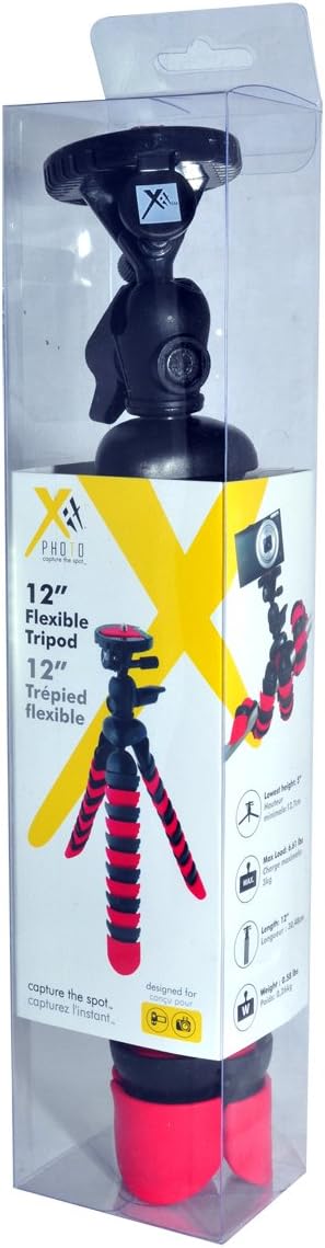 Xit XT12FLXTR 12-Inch Flexible Tripod with Flexible, Wrapable Legs, Quick Release Plate and Bubble Level (Red/Black)...