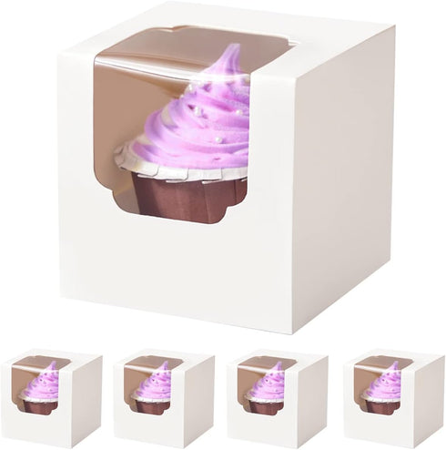 White Cupcake Boxes Individual 15 Count Pre-Assembled with Window and Inserts, Individual Cupcake Containers Auto-Popup for Wedding Baby Shower Mo...