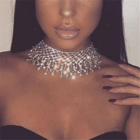 YERTTER Dainity Full Rhinestone Chunky Chain Diamond Silver Chain Collar Statement Tassel Crystal Choker Necklace Adjustable for Party Music Bar W...