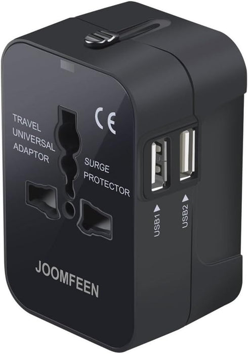 Travel Adapter, JOOMFEEN Worldwide All in One Universal Power Wall Charger AC Power Plug Adapter with Dual USB Charging Ports for USA EU UK AUS Ce...