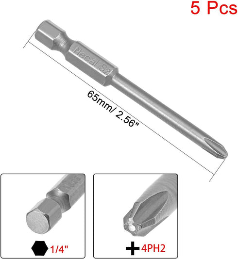 uxcell 5 Pcs 4mm PH2 Magnetic Phillips Screwdriver Bits, 1/4 Inch Hex Shank 2.56-inch Length S2 Power Tool...