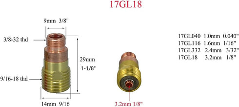 RIVERWELD TIG Stubby Gas Lens 17GL18 (1/8" & 3.2mm) Orifice Fit SR WP 17 18 26 TIG Welding Torch 3pk...
