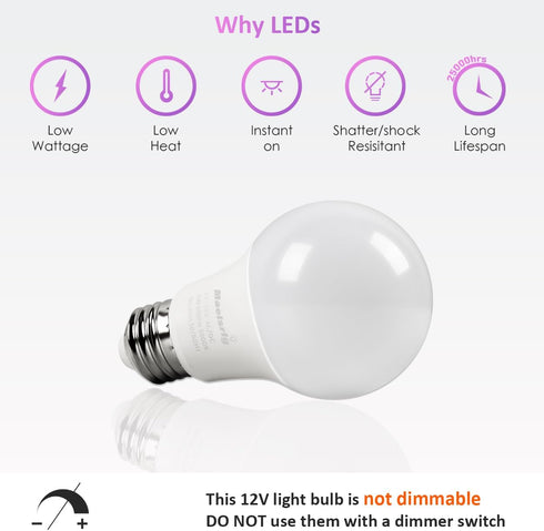 12V LED Bulb 6W(50W Equivalent), Daylight 5000K, 12V-24V AC/DC, 600 Lumens, Non-Dimmable, A19 12V DC LED Light Bulbs, E26 Base, Pack of 6...