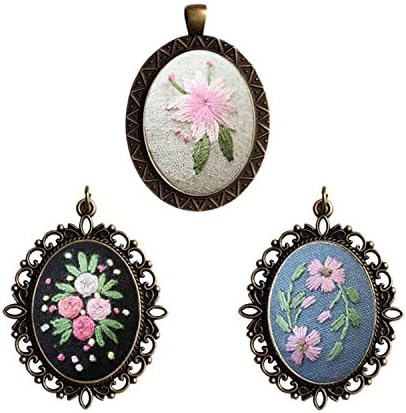 levylisa Embroidery Beginner Kit 3 Patterns Embroidery Starter Kit with Hoop Embroidered Stitching Necklace Pendants Floral Plate Jewelry Necklace...