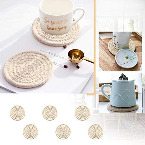 Gracelife 6pcs Cup Mat Pure Cotton Thread Weave Round Drink Hot Pads Mats Set Absorbent Scald-proof Drink Coasters (Beige)...
