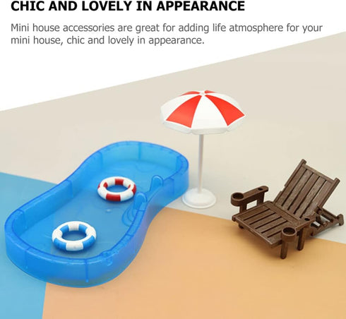 Toyvian 2 Sets Doll House Swimming Pool Swimming Ring Folding Beach Sunbath Chair Simulation Miniature Craft Furniture Pool Toys Photo Props for D...