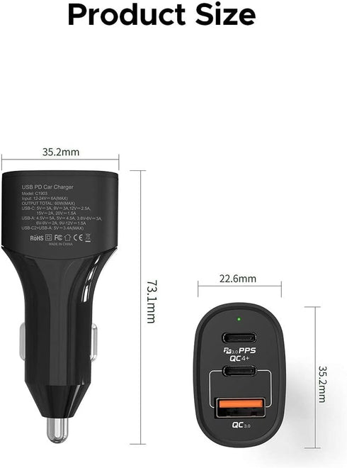 USB C Car Charger 60W Key Power Fast Car Charge USB-C Car Charger Adapter - Dual USB-C and USB-A Ports with 30W & 22.5W Compatible with iPhone 12/...