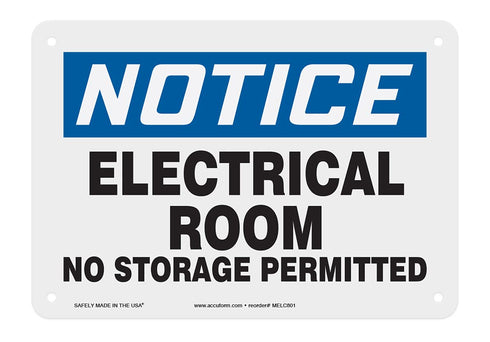 Accuform MELC801VP Plastic Safety Sign, Notice Electrical Room NO Storage Permitted", 7" Length x 10" Width x 0.055" Thickness, Blue/Black on Whit...