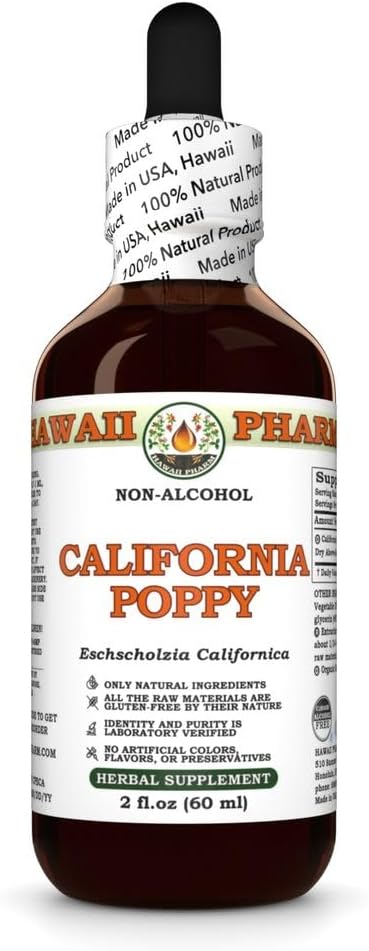 HawaiiPharm California Poppy Alcohol-Free Liquid Extract, Nervous System Calming and Support. Glycerite 2 fl.oz...