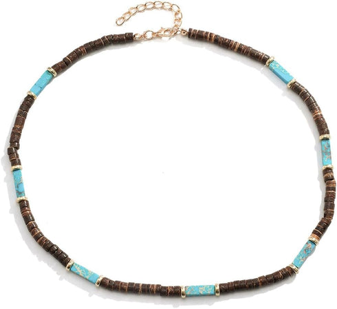 Wooden Beads Choker Necklace Bohemian Turquoise Handmade Coconut Beaded Surfer Necklace for Women Men...