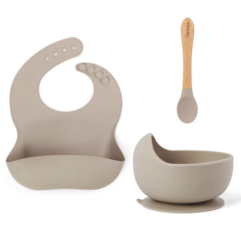 Ginbear Baby Bowls with Suction First Stage, Silicone Bibs, Baby Feeding Spoons, Baby Led Weaning Supplies for Ages 6 Months+ (Almond)...