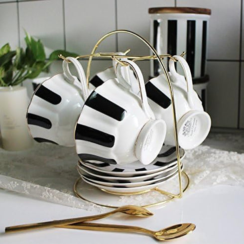 Black and White Retro Series European Striped Polka Dot Coffee Cup and Saucer Mug Cake Plate Afternoon Tea Set (A)...