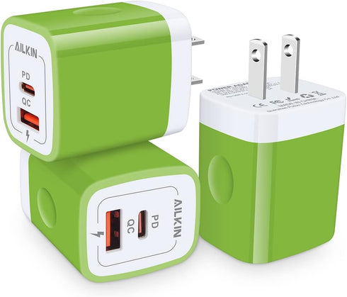 3Pieces C Charger Block, AILKIN 20W PD + QC3.0 USB-C Wall Charger Dual Port Box Cube for iPhone, Samsung Galaxy, Motorola, LG, Google Pixel, Super...