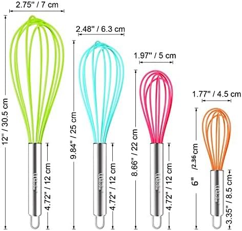 Webake Silicone Whisk Large Medium Small and Mini Whisk Set of 4, Heat Resistant Non-scratch Coated Kitchen Whisks for Cooking Nonstick Cookware, ...