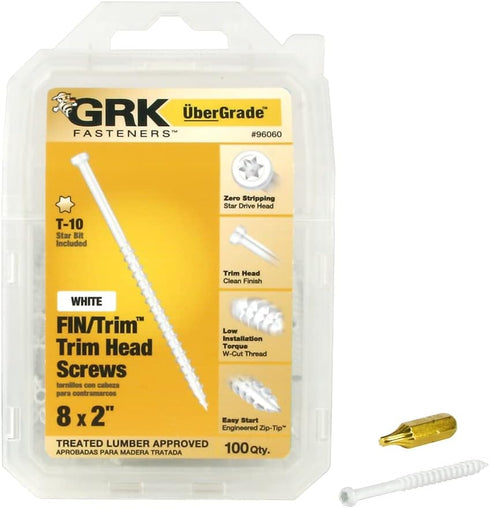 GRK 96060#8 x 2" FIN/Trim™ Finishing Trim Head Screws - White 100 Count...