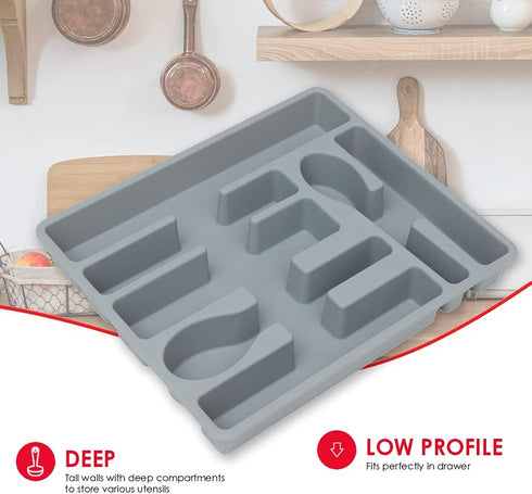 Home Basics 7 Compartment Deep Molded Plastic Flatware and Utensil Tray Holder Cutlery Organizer with Rounded Corners, Stackable Design | Grey...