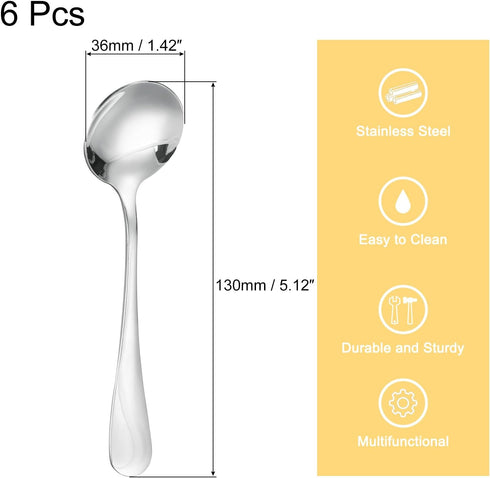 uxcell 6Pcs Stainless Steel Soup Spoon 5.1 Inch Tea Spoons Round Dinner Spoons Dessert Spoon for Dinner Bouillon Coffee Soup, Silver...