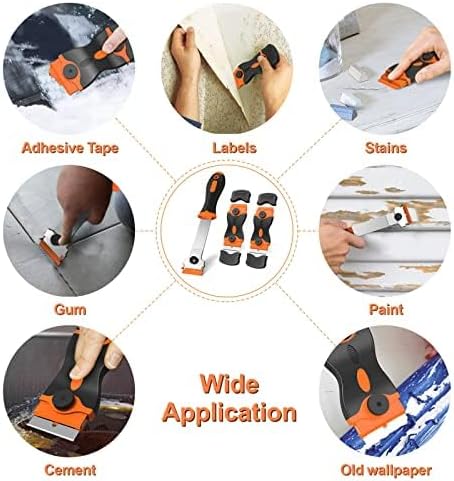3 Pack Razor Blade Scraper, Plastic Razor Blade Scraper, Scraper Tool with Extra 30 Plastic Razor Blades and 30 Metal Blades, Razor Scraper for Gu...