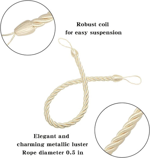 BEL AVENIR Curtain Rope Tiebacks, Drapery Rope Holdbacks with 4 Metal Screw Hooks (Beige, 4pack)...