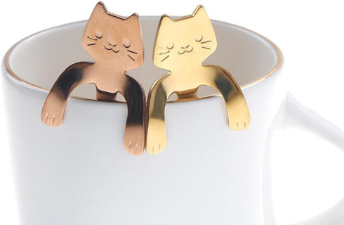 OBANGONG 4 Pcs Coffee Spoon Set - Mini Cat Hugging Kitty Tea Soup Sugar Dessert Appetizer Seasoning Bistro Hanging Cup Spoon...