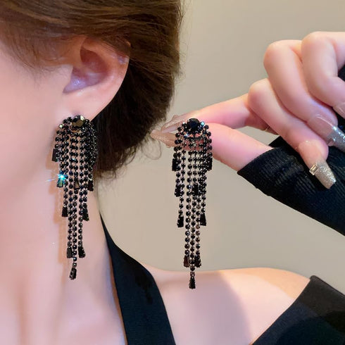 Black Rhinestone Earrings for women,Long Earrings Dangle Dangling Bling Earring Crystal black Crystal rhinestone Drop earring Tassels Earrings for...