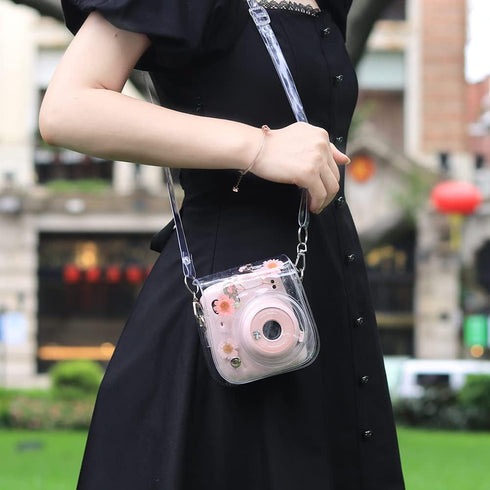 Case for Fujifilm Mini 12/11/9/8 Instant Camera Protective Bag with Transparent Shoulder Strap (Real Flower - Pink)(No Camera)...