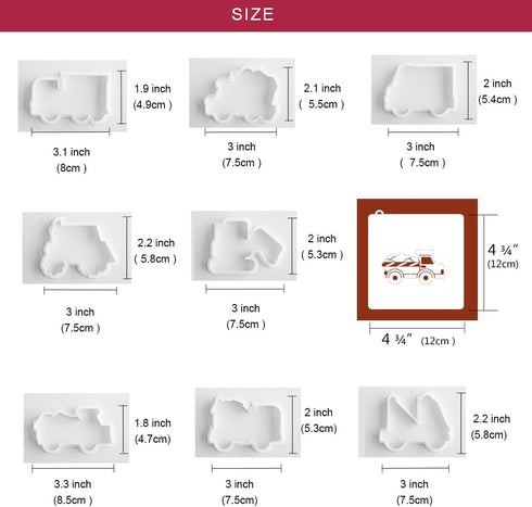 Transportation/Vehicles Cookie Cutters with Matching Cookie Stencils -Set of 16-8Pcs Cookie Cutter and 8Pcs Stencils, Include Truck, Tractor, Fire...
