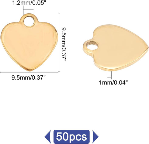 UNICRAFTALE 50pcs Golden Heart Charm Stainless Steel Love Pendant Flat Heart Charm 1.2mm Hole Blank Metal Tiny Pendant for DIY Jewelry Making 9.5m...