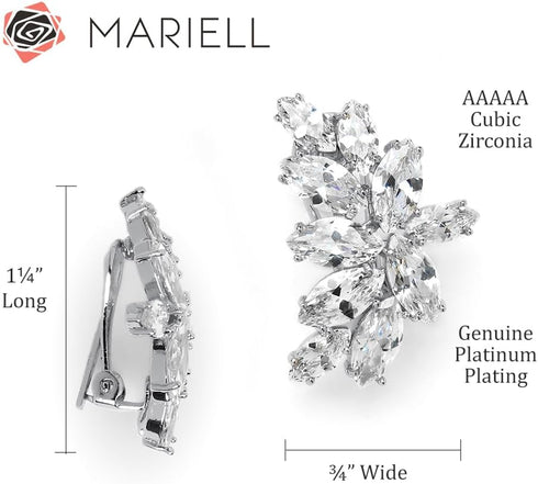 Mariell Clip-On Cubic Zirconia Crystal Bridal Earrings, Marquis Shape CZ Curved Clusters, Non-Pierced Earrings for Wedding, Bridesmaids, Homecomin...