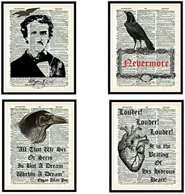 Set of 4 Edgar Allan Poe, Raven and Tell Tale Heart, Art Print Posters on Ephemera Dictionary Page Reproduction Background Unframed (8 x 10")...