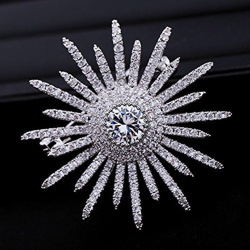 Sparkling Silver Tone Micro Pave Round Shaped Burst Star Brooches Collar Lapel Pins Atomic Jewelry...