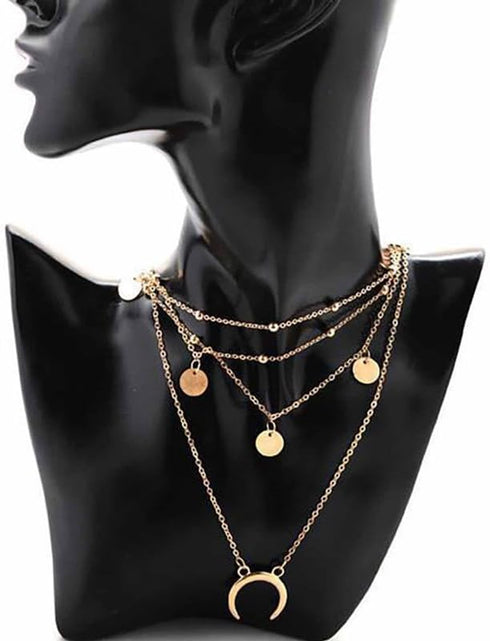 Doubnine Double Strand Necklaces Layering Horn Moon Disk Pendant 3 Way Choker Gold Sequins Chic Jewelry Accessories for Women Set of 3...
