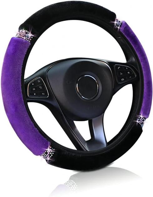 Bling Soft Fluffy Steering Wheel Cover, Rhinestone Auto Elastic 15 Inch Steering Wheel Protector, Sparkly Crystal Diamond for Women Girls, Car Acc...
