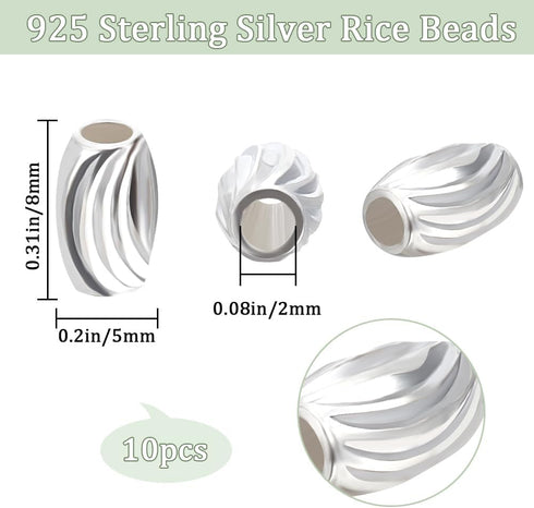 Beebeecraft 1 Box 10Pcs Oval Rice Spacer Beads Sterling Silver Rice Corrugated Beads with 2mm Hole for Jewelry Craft Making Findings...