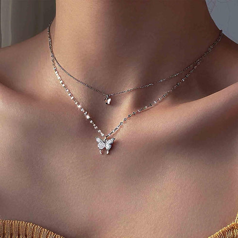 Bohemian Butterfly Pendant Necklace Choker Silver Crystal Choker Necklace Layered Lace Chain Necklace Insect Chain Necklace Jewelry for Women and ...