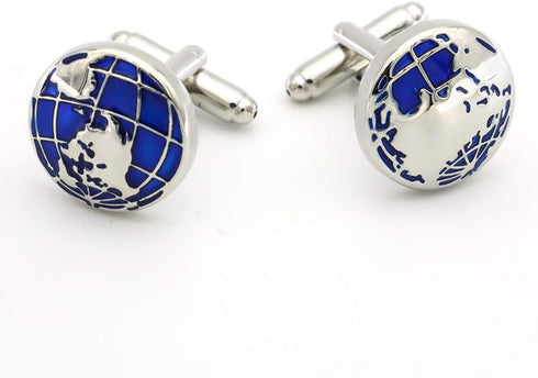Men's Gift Cuff Links Blue World Map Design With Present Box...