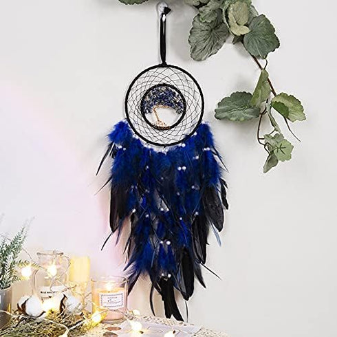 Dreamlike Deep Blue Tree of Life Dream Catcher Wall Decor with Healing Crystal Stone Handmade Feather Dream Catchers Decoration Wall Hanging for G...