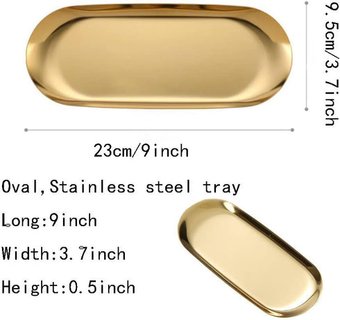 Gold Tray 2 Pack, Stainless Steel Decorative Gold Tray for Bathroom, Jewelry Tray Storage Towel Key Vanity Tray Ring Dish Cosmetics Organizer, for...
